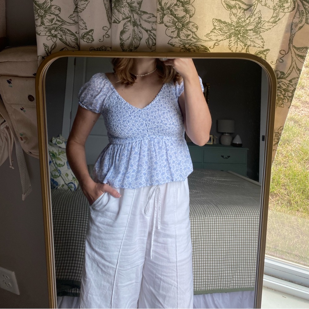 Blue and White Floral Smocked Top